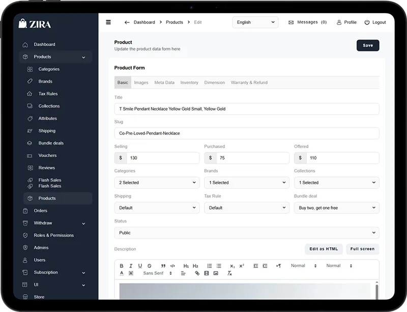 ZIRA multi-vendor eCommerce software with modern dashboard, storefront UI, and scalable marketplace features